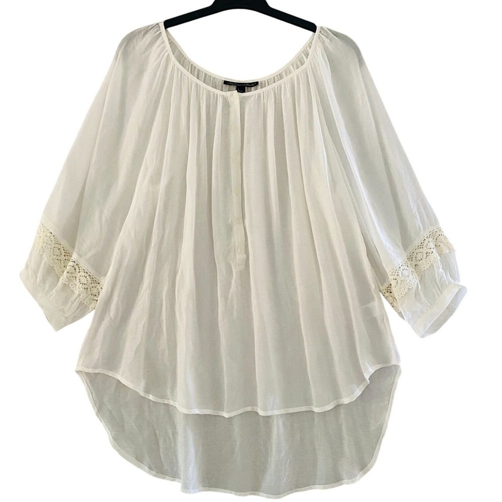 MacDougal and‎ Houston White Boho Lace Trim High Low Blouse XL 3/4 Sleeve Flowy